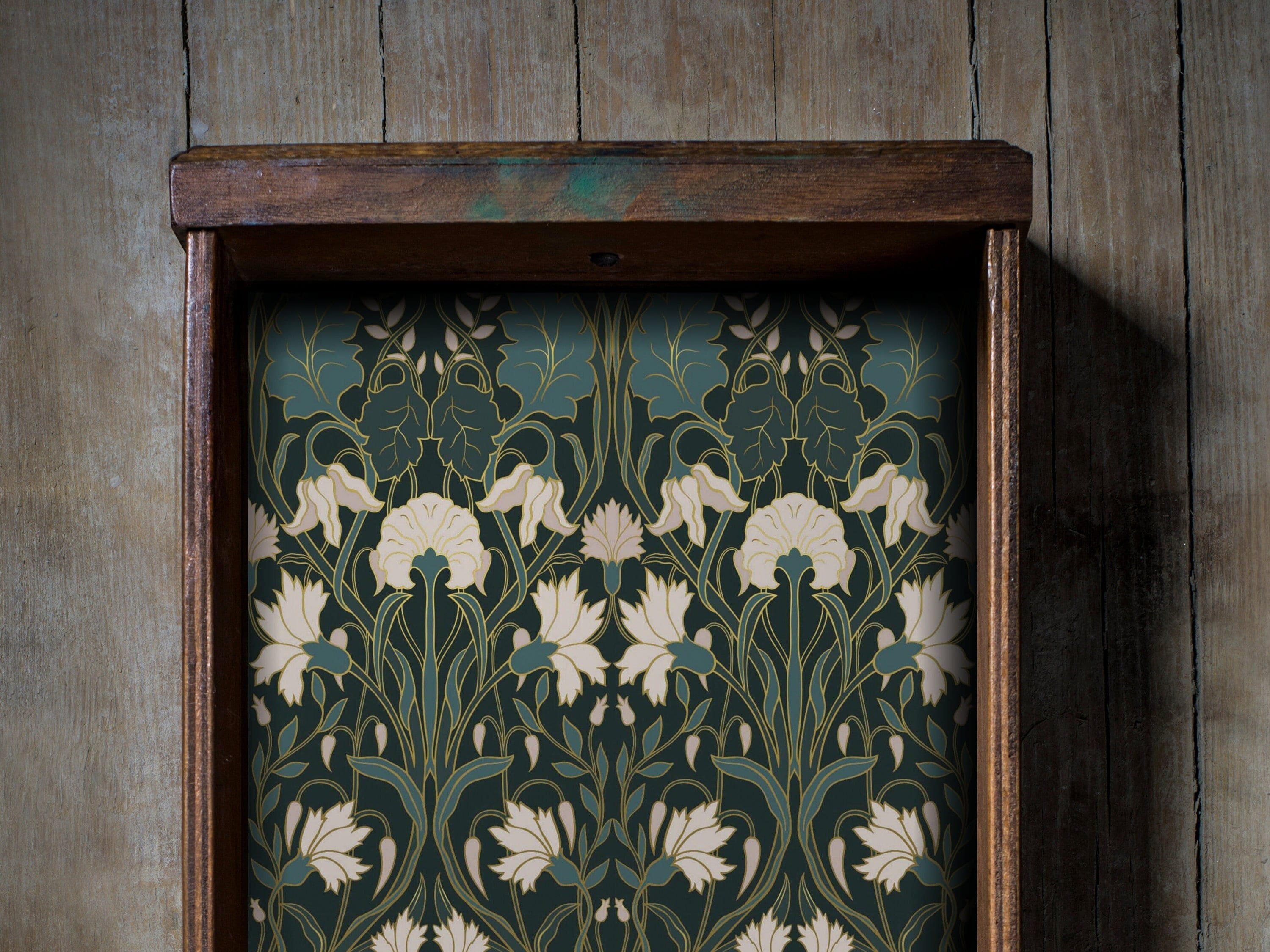 Green Art Nouveau Peel and Stick fabric drawer liner for furniture, adhesive fabric shelf liner peel and stick, decorative drawer liner