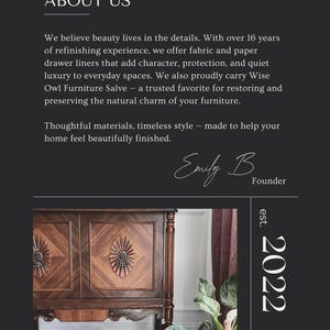 Beautiful antique cabinet styled with The Lone Hare’s vintage drawer liner and finished with Wise Owl Furniture Salve. Highlights craftsmanship and quality behind The Lone Hare’s vintage shelf liner and retro contact paper. Perfect for drawers, cabinetry, and restoration projects. Elegant patterns and durable materials reflect timeless design, making each piece ideal for vintage-inspired or classic home interiors.