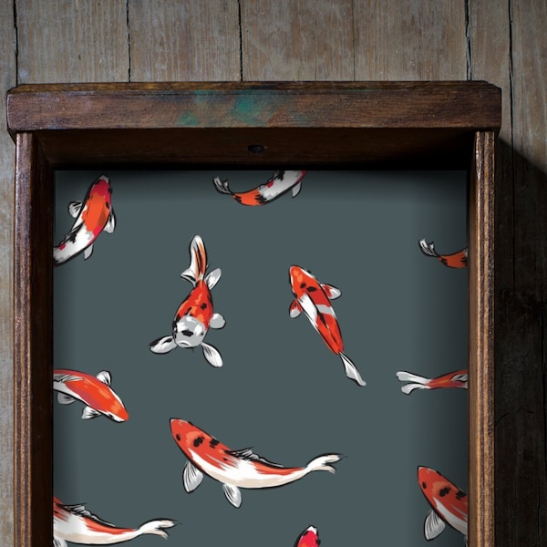 Japanese Koi Fish Peel and Stick fabric drawer liner for furniture | adhesive fabric shelf liner peel and stick | decorative drawer liner