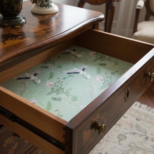 Green Crane Chinoiserie Drawer Liner, Peel and Stick or Paper shelf liner contact paper for drawers, Vintage Chinoiserie Contact Paper image 2