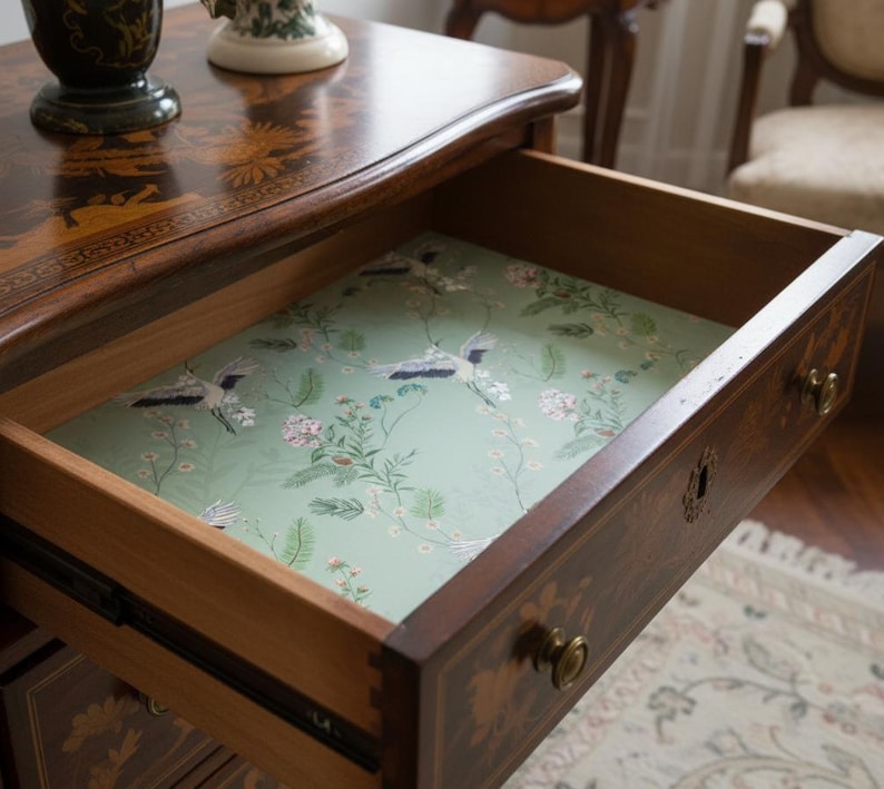 Green Crane Chinoiserie Drawer Liner, Peel and Stick or Paper shelf liner contact paper for drawers, Vintage Chinoiserie Contact Paper image 2