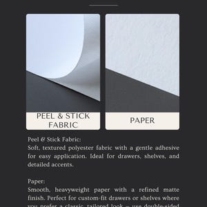 Close-up view of textured peel and stick fabric liner beside smooth matte paper vintage drawer liner. Showcases The Lone Hare’s high-quality vintage shelf liner and retro contact paper, perfect for drawers, shelves, and cabinetry. Each vintage contact paper option adds durable elegance and a tailored finish for home décor, DIY furniture projects, or classic interior upgrades with timeless design.