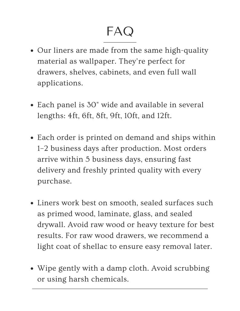 Informational guide from The Lone Hare explaining how to use vintage contact paper and vintage drawer liners. Includes details on liner sizes, widths, and care instructions. Perfect for buyers searching for premium vintage shelf liner or peel and stick retro contact paper. Designed for drawers, cabinets, and shelves, these liners offer a stylish, durable solution for furniture restoration or interior decorating.