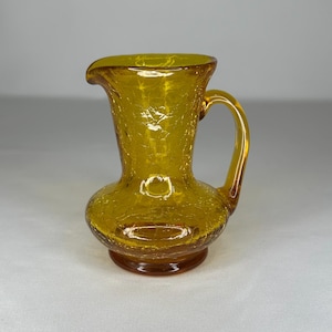 Vintage Amber Yellow Handblown Crackle Glass Pitcher/Bud Vase