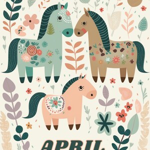 May include: Three stylised horses with floral patterns on a light beige background. The horses are blue, brown, and pink. The word "APRIL" is written in green at the bottom of the image.