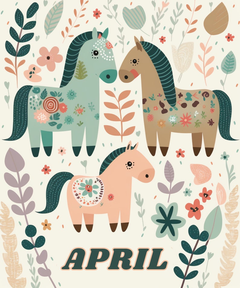 May include: Three stylised horses with floral patterns on a light beige background. The horses are blue, brown, and pink. The word "APRIL" is written in green at the bottom of the image.