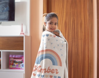 Personalized Rainbow & Stars Kids Blanket - Custom Name Children's Blanket with Whimsical Sky Design
