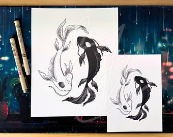 Eternal Dance art print | pen and ink, illustration, drawing, tattoo art, yin and yang, balance, koi fish, nature, wall art, home decor