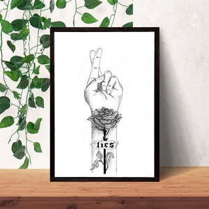 Wydruk artystyczny Pretty Lies | pióro i tusz, ilustracja, rysunek, grafika liniowa, sztuka tatuażu, kwiat, róża, sztuka ścienna, wystrój domu, wystrój biura