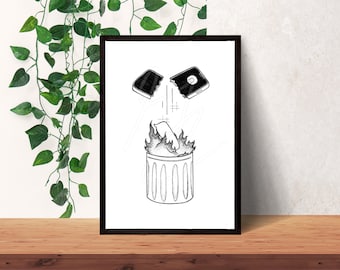 May include: Black and white illustration of a broken smartphone being thrown into a trash can with flames coming out of the top. The trash can has a simple design with a lid and a handle.