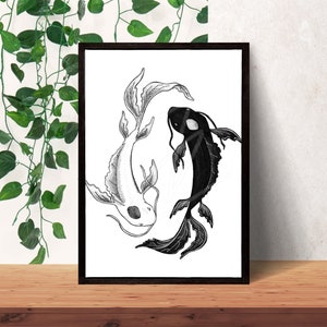 Eternal Dance art print | pen and ink, illustration, drawing, tattoo art, yin and yang, balance, koi fish, nature, wall art, home decor