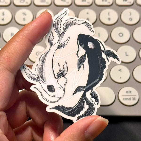 Eternal Dance clear matte sticker | koi fish, balance, yin and yang, nature, pen and ink, decal, drawing, minimalist