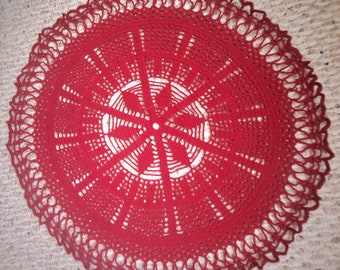 Vintage burgundy crochet doily , 20 inches round. Deep burgundy