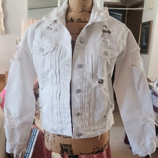 Women distressed white denim jacket, boho, gypsy,  heavily distressed,