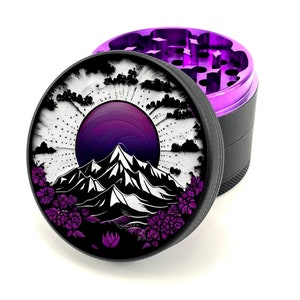 Herb Grinder with Catcher with black matte finish outside and purple anodized aluminum inside 2.5" herb grinder with mountain mandala