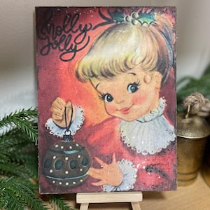 Vintage Christmas Retro Shelf Sitter Plaque - Tiered Tray Decor, Retro Mantel Sign, Kitschy 1950s Christmas Decor