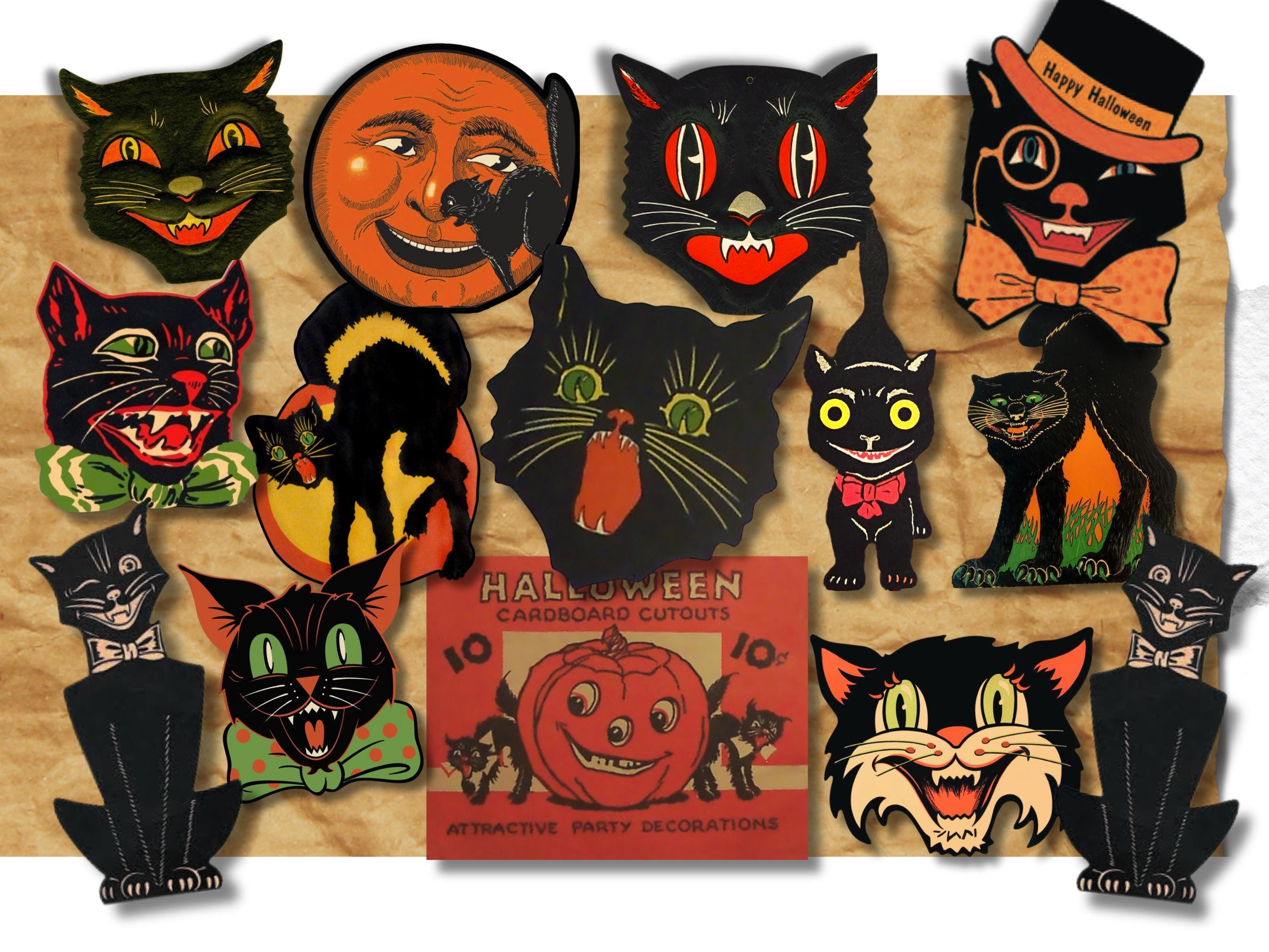 Retro Halloween Black Cat Sticker Pack, Vintage Halloween Stickers, Spooky Decor, Junk Journal Stickers, Halloween Ephemera, Black Cat Face