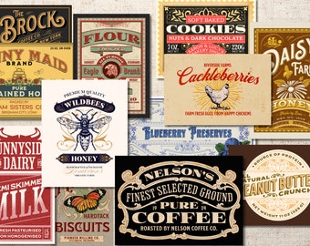 Vintage Food Labels - Set of 12- Vintage Paper Ephemera, Retro Labels, Junk Journal, Food Labels, Retro Can Labels, Vintage Can Labels