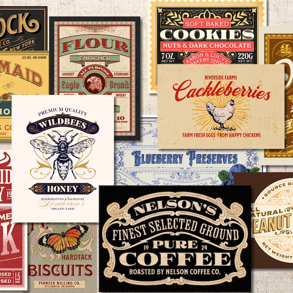 Vintage Food Labels - Set of 12- Vintage Paper Ephemera, Retro Labels, Junk Journal, Food Labels, Retro Can Labels, Vintage Can Labels