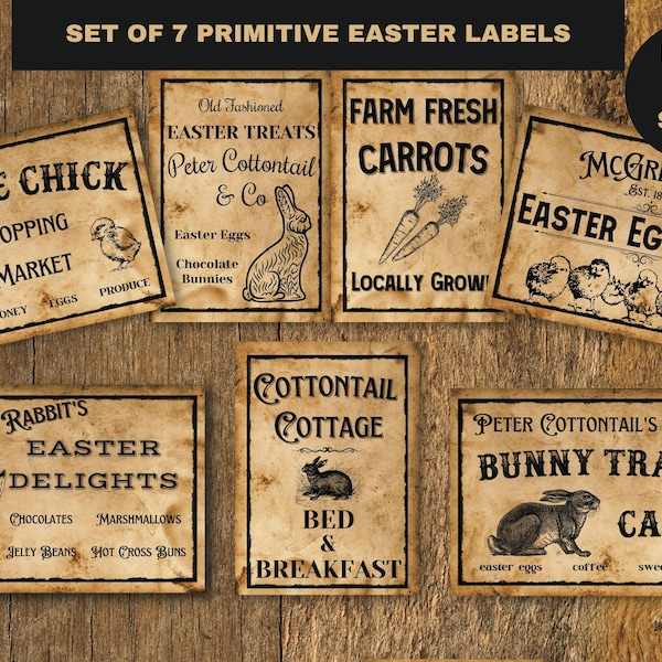 Primitive Easter Labels, Country Store Easter, Primitive Easter Tags, Vintage Labels, Vintage Easter Rabbit Tags, Primitive decor