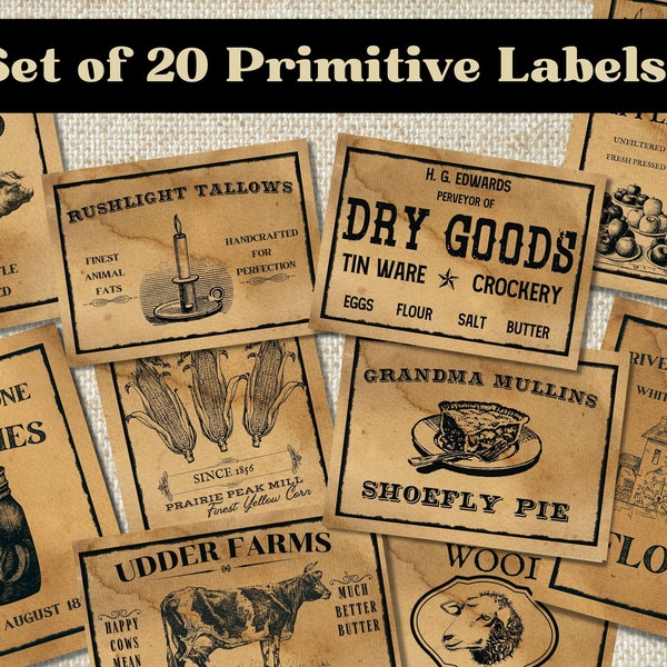Primitive Country Store Labels, Primitive Pantry Labels, Vintage Pantry labels, Prim, Primitive labels, Farmhouse stickers, Primitive Tags