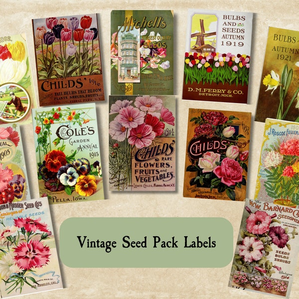 Vintage Flower Seed Packet Labels Sticker Set, Vintage Seed Packs, Spring Sticker Pack, Gardening Stickers Botanical, Junk Journal, Ephemera