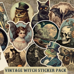 Stickers sorcière vintage Dark Academia, lot d'autocollants sorcière victorienne, esthétique de sorcière, autocollants de journal indésirable, autocollants d'Halloween, sorcellerie, goth