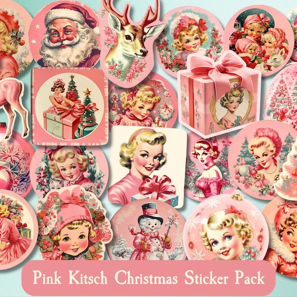 Vintage Pink Christmas Sticker Pack, Kitsch Christmas, Retro Christmas Stickers, Christmas Gift Tags, Journal Stickers, Glam Christmas