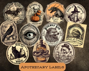 Vintage Apothecary Labels, Potion Bottle Labels, Halloween Label Stickers, Apothecary Stickers, Witch Apothecary, Vintage Style Halloween