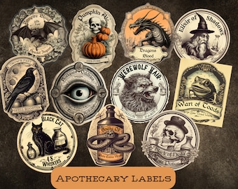 Vintage Apothecary Labels, Potion Bottle Labels, Halloween Label Stickers, Apothecary Stickers, Witch Apothecary, Vintage Style Halloween