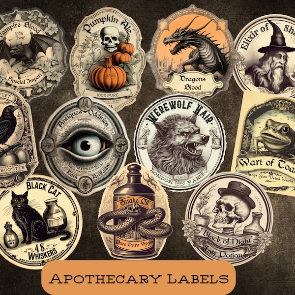 Vintage Apothecary Labels, Potion Bottle Labels, Halloween Label Stickers, Apothecary Stickers, Witch Apothecary, Vintage Style Halloween