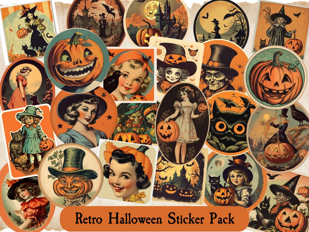 Vintage Halloween Sticker Pack, Retro Halloween Stickers, Black Cat