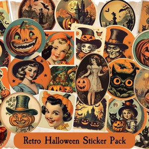 Vintage Halloween Sticker Pack, Retro Halloween Stickers, Black Cat, Pumpkin, Jack O Lantern, Victorian Halloween Stickers, Junk Journal