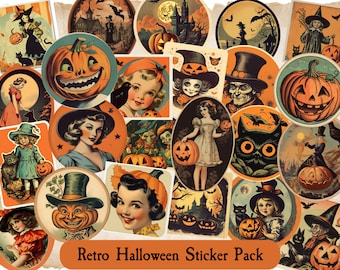 Vintage Halloween Sticker Pack, Retro Halloween Stickers, Black Cat, Pumpkin, Jack O Lantern, Victorian Halloween Stickers, Junk Journal
