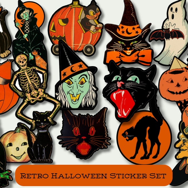 Retro Halloween Sticker Pack, Vintage Halloween Stickers, Black Cat, Pumpkin, Jack O Lantern, Witch Stickers, Junk Journal