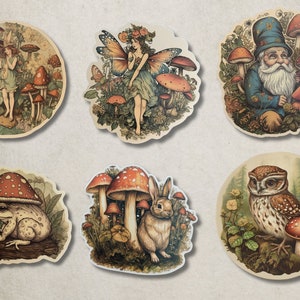 Vintage Enchanted Forest Stickers, Vintage Forest Fairy Stickers, Gnome, Mushroom Stickers, Cottagecore, Junk Journal Ephemera, Fantasy. image 2