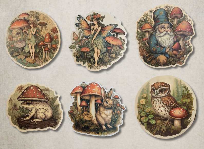 Vintage Enchanted Forest Stickers, Vintage Forest Fairy Stickers, Gnome, Mushroom Stickers, Cottagecore, Junk Journal Ephemera, Fantasy. image 2