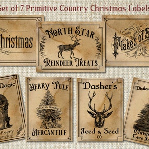 Primitive Country Christmas Labels, Christmas Tags, Holiday Signs, Primitive Christmas Pantry labels, Primitive Santa, Reindeer