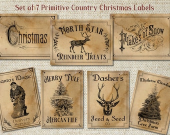 Primitive Country Christmas Labels, Christmas Tags, Holiday Signs, Primitive Christmas Pantry labels, Primitive Santa, Reindeer