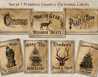 Primitive Country Christmas Labels, Christmas Tags, Holiday Signs, Primitive Christmas Pantry labels, Primitive Santa, Reindeer