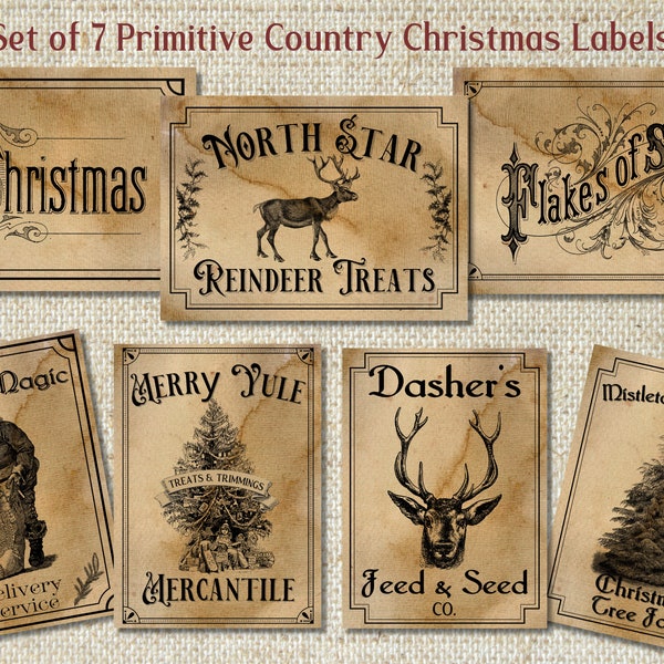 Primitive Country Christmas Labels, Christmas Tags, Holiday Signs, Primitive Christmas Pantry labels, Primitive Santa, Reindeer