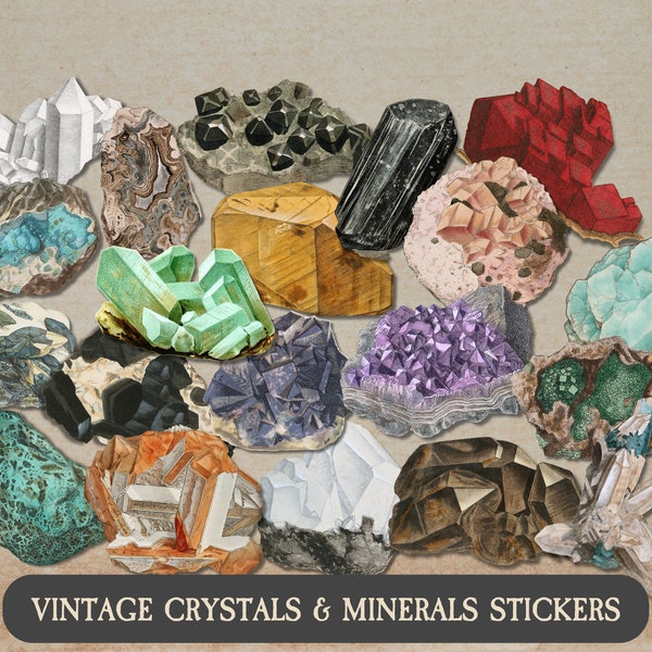 Vintage Crystals Minerals Sticker Pack, Vintage Natural History and Science, Geology, Healing Crystals, Chakra Stickers, Junk Journal