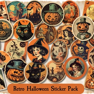 Vintage Halloween Sticker Pack, Retro Halloween Stickers, Black Cat, Pumpkin, Jack O Lantern, Victorian Halloween Stickers, Junk Journal
