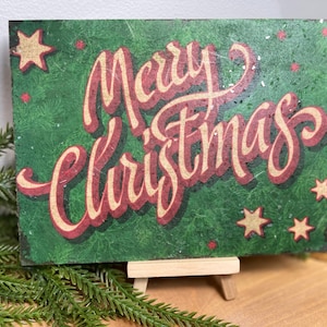 Vintage Christmas Retro Shelf Sitter Plaque - Tiered Tray Decor, Retro Mantel Sign, Kitschy 1950s Christmas Decor, Merry Christmas Sign
