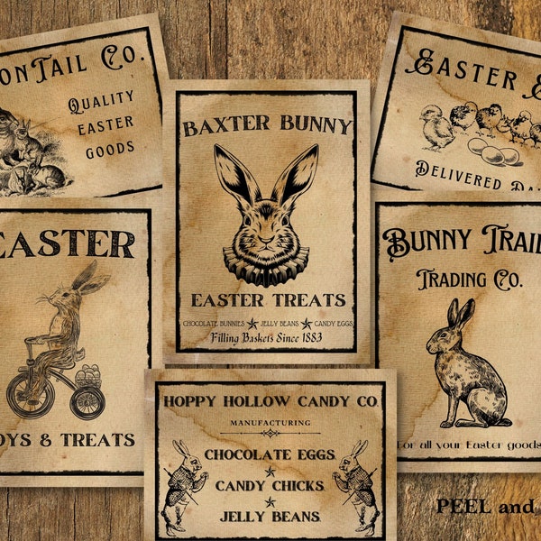Primitive Easter Labels, Country Store Easter, Primitive Easter Tags, Vintage Labels, Vintage Easter Rabbit Tags, Primitive decor