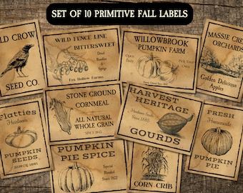 Primitive Fall Autumn Labels, Primitive Pumpkin Label, Primitive Pantry Labels. Vintage Pantry Labels, Country Store Labels, Primitive Tags