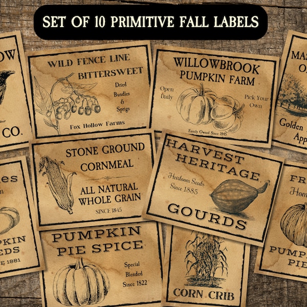 Primitive Fall Autumn Labels, Primitive Pumpkin Label, Primitive Pantry Labels. Vintage Pantry Labels, Country Store Labels, Primitive Tags