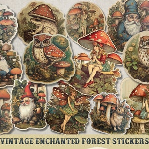 Vintage Enchanted Forest Stickers, Vintage Forest Fairy Stickers, Gnome, Mushroom Stickers, Cottagecore, Junk Journal Ephemera, Fantasy.