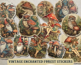 Vintage Enchanted Forest Stickers, Vintage Forest Fairy Stickers, Gnome, Mushroom Stickers, Cottagecore, Junk Journal Ephemera, Fantasy.