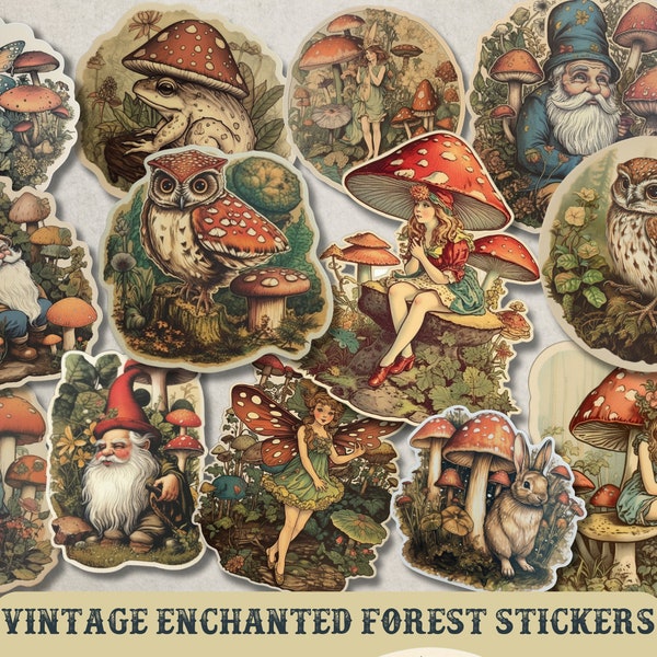 Vintage Enchanted Forest Stickers, Vintage Forest Fairy Stickers, Gnome, Mushroom Stickers, Cottagecore, Junk Journal Ephemera, Fantasy.